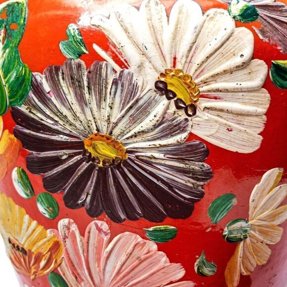 Antique Ransburg Red Asters Hand Painted Stoneware Lidded Cookie Jar/Crock - Picture 8 of 11